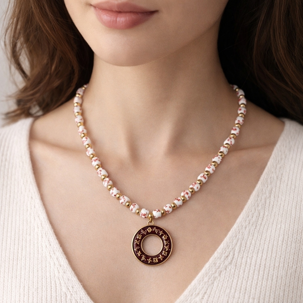 Floral Elegant Burgundy Beaded Necklace with LV Donut - Picture 2 of 10